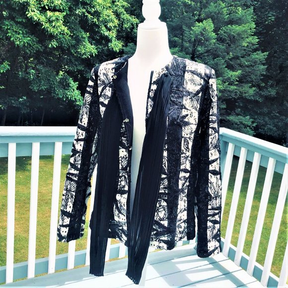 M.MIRANDA Retro Style Sequined Striped Lace Necktie Jacket Sz 18 Made in Turkey - Picture 3 of 6